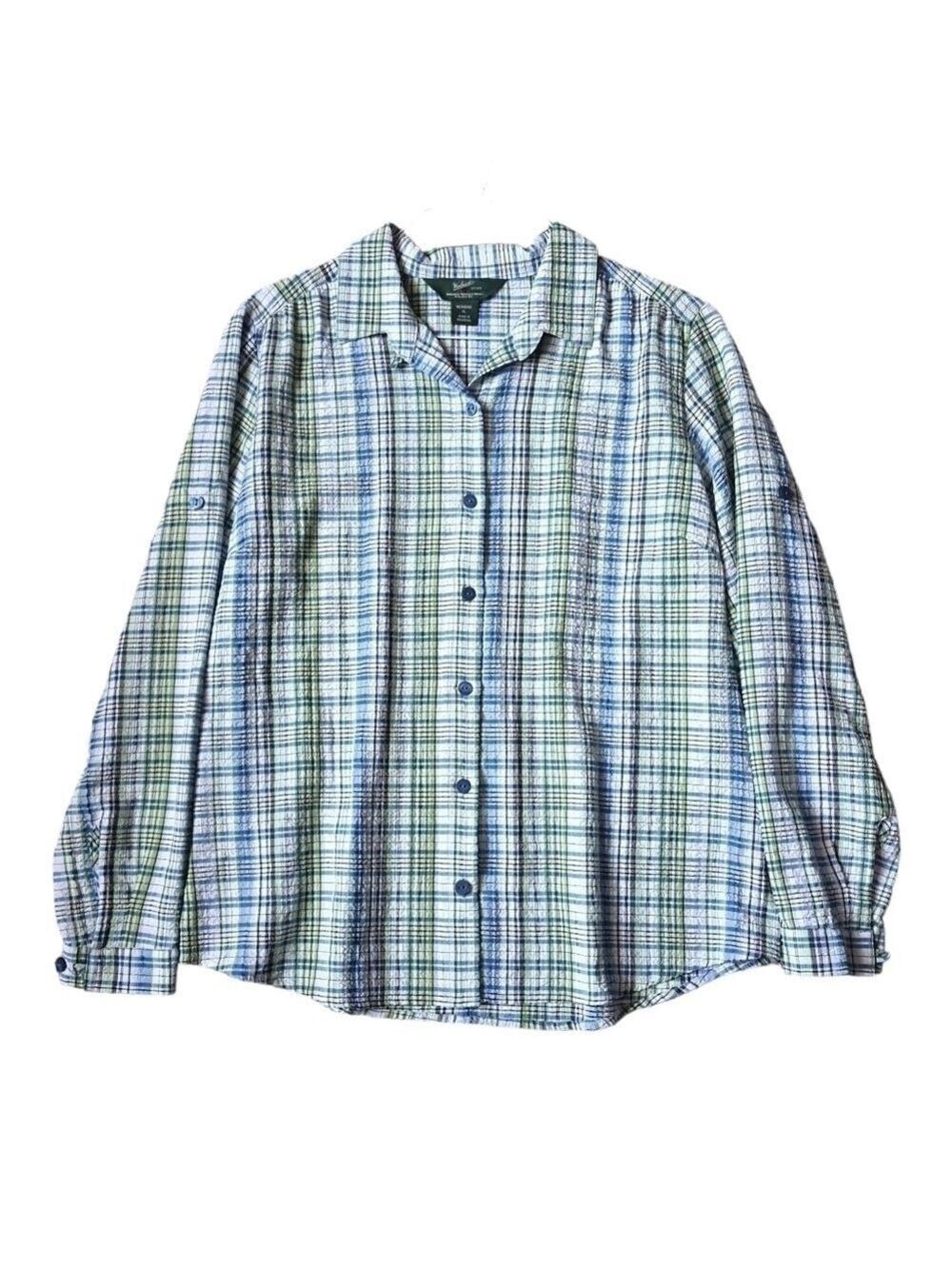 Woolrich Plaid Button up Shirt Womens XL Blue Green Long Sleeve Roll Tab